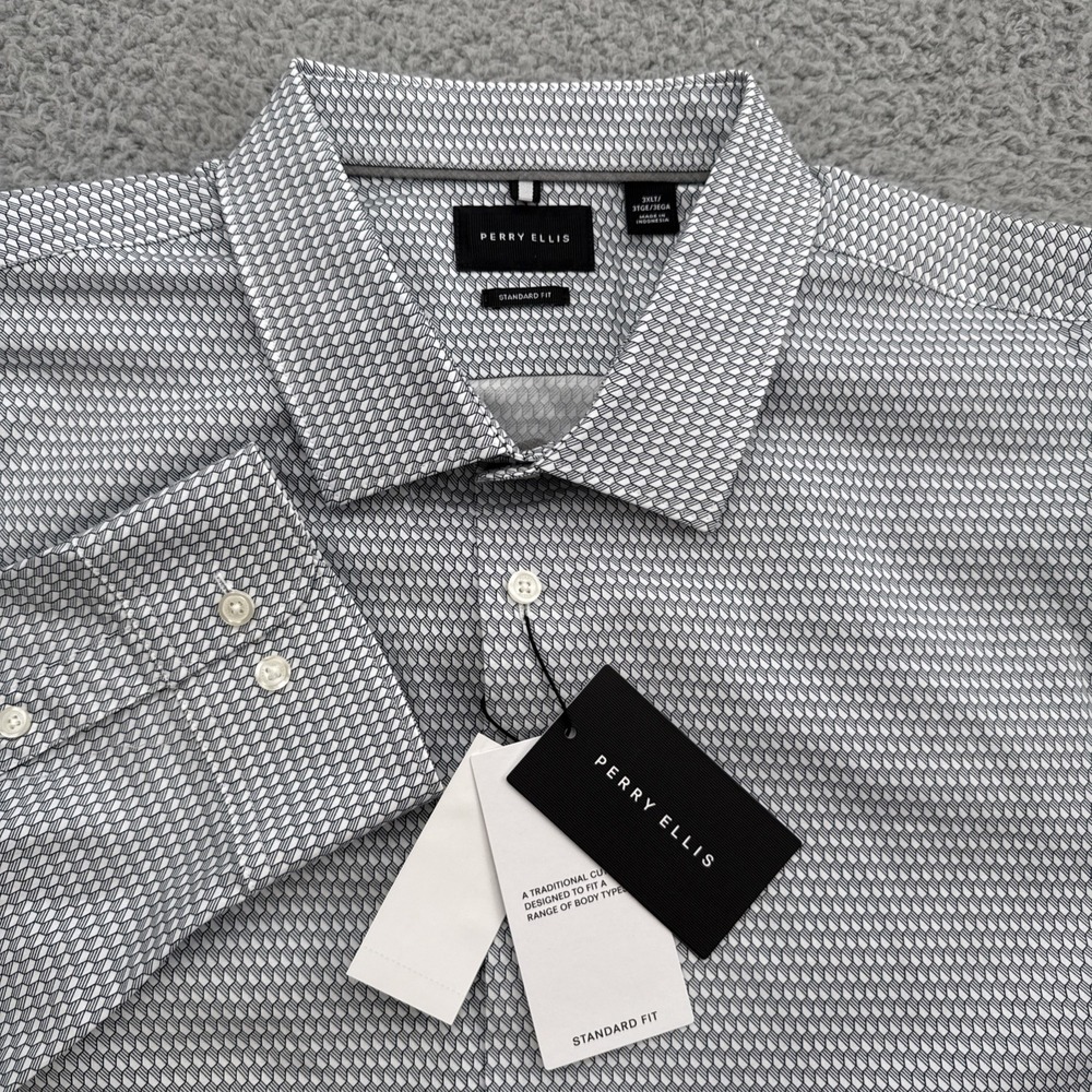 Perry Ellis Dress Shirt Mens 3XLT White Geometric Long Sleeve Button Up Stretch